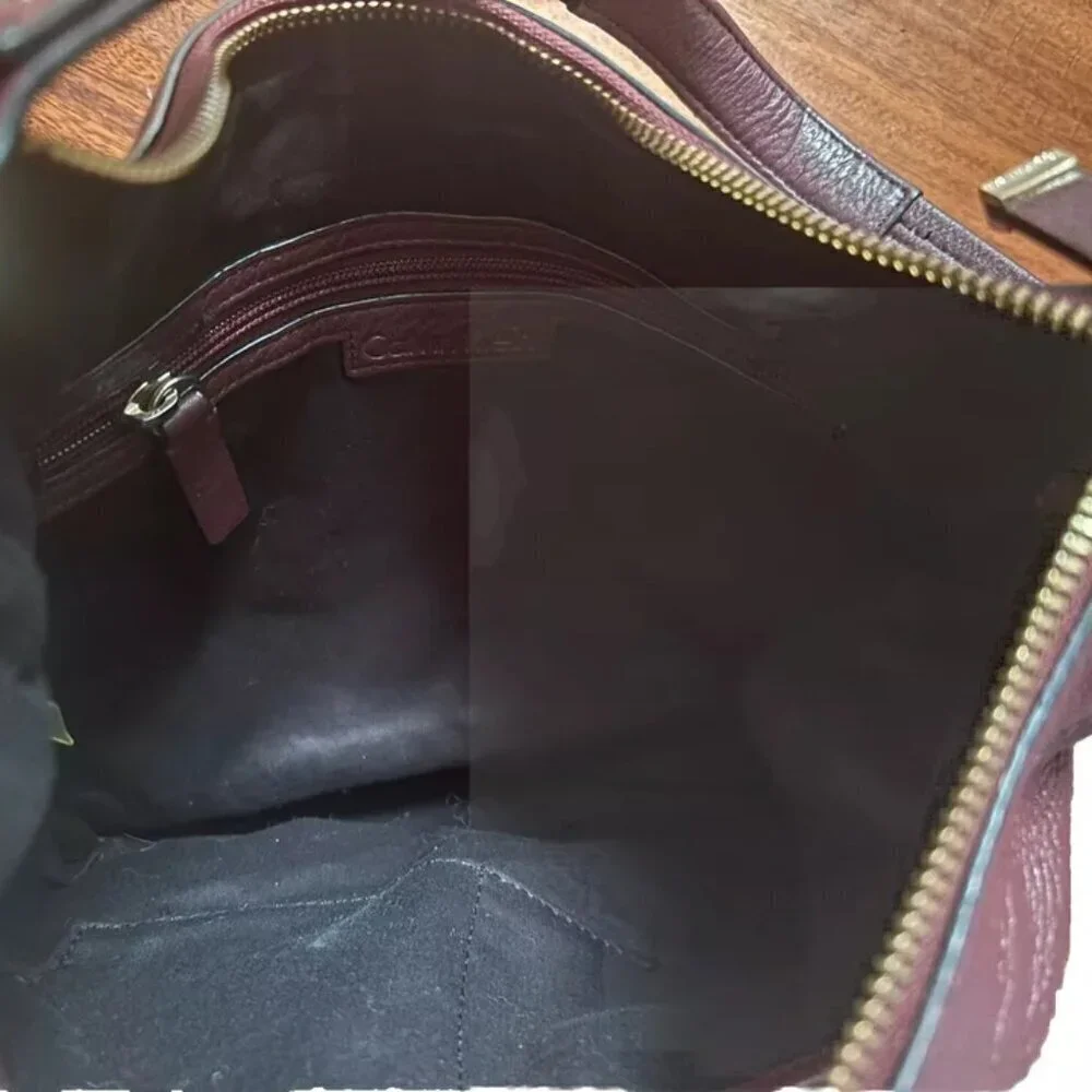 Calvin Klein Handbag Leather Satchel Burgundy Wine Shoulder Bag Tote Purse Fully